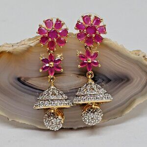 Indian Bollywood Gold Tone Kundan Bridal Jhumka Ruby CZ Dangle Earrings
